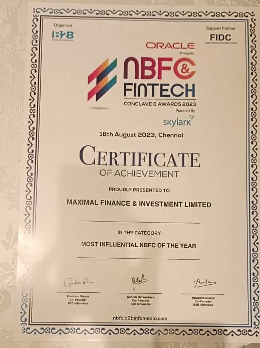 Maximal Finance recognized as “Most Influential NBFC of the Year” at the 15th NBFC & Fintech Award 2023