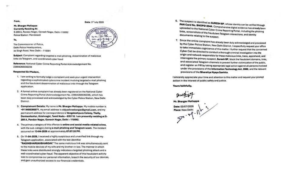 ​Same Malicious Link Sent to Three Family Members’: Complaint Seeks Delhi Police Probe into Telegram Scam